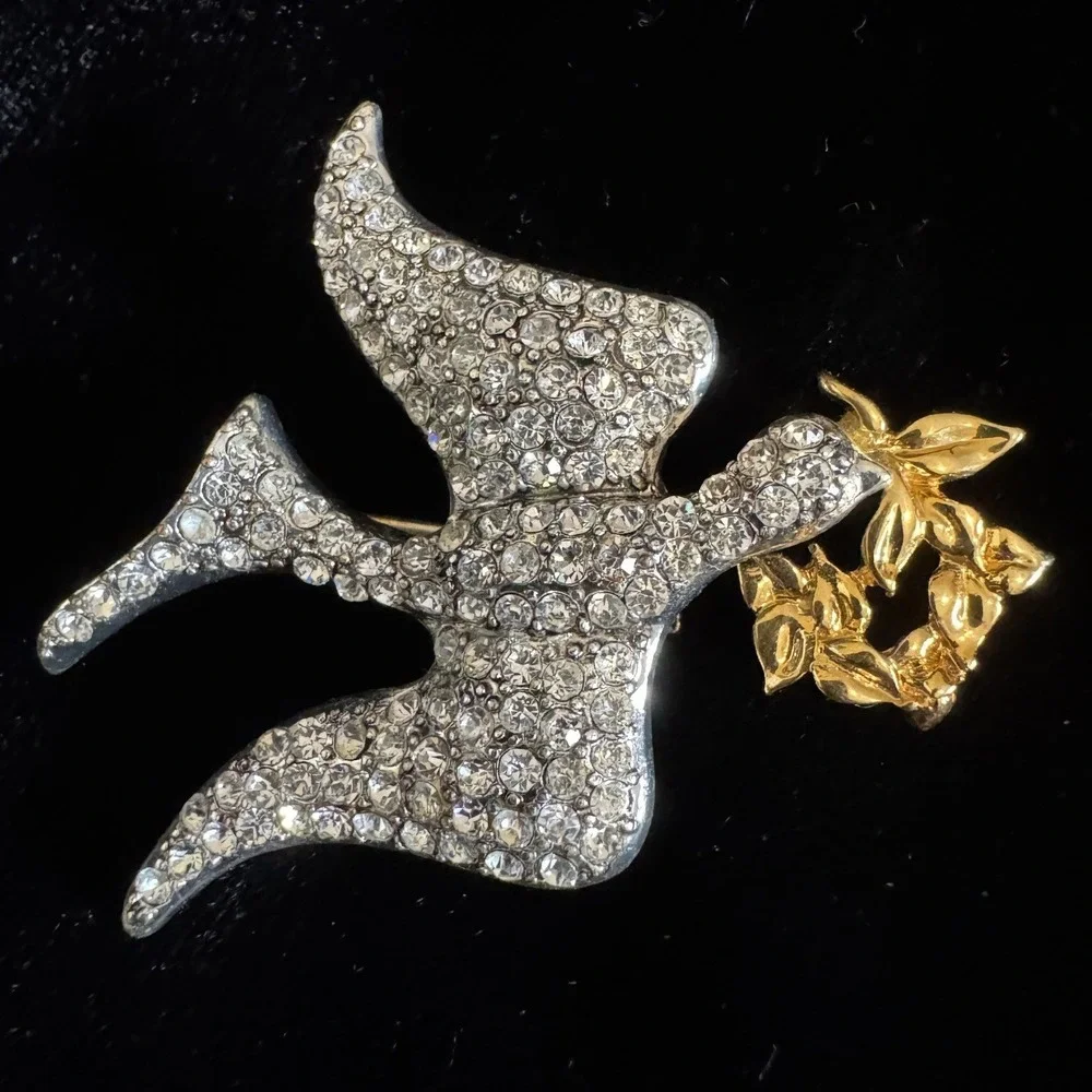 Vintage Monet Peace Dove Brooch Pin Rhinestone Silver Gold Tone Bird 2.5